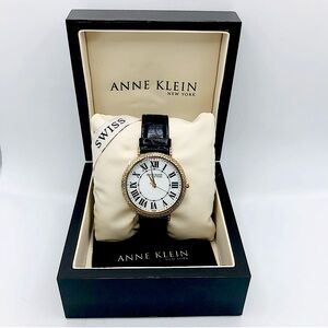 Anne Klein Crystal Black Leather Strap Mother-of-pearl Dial